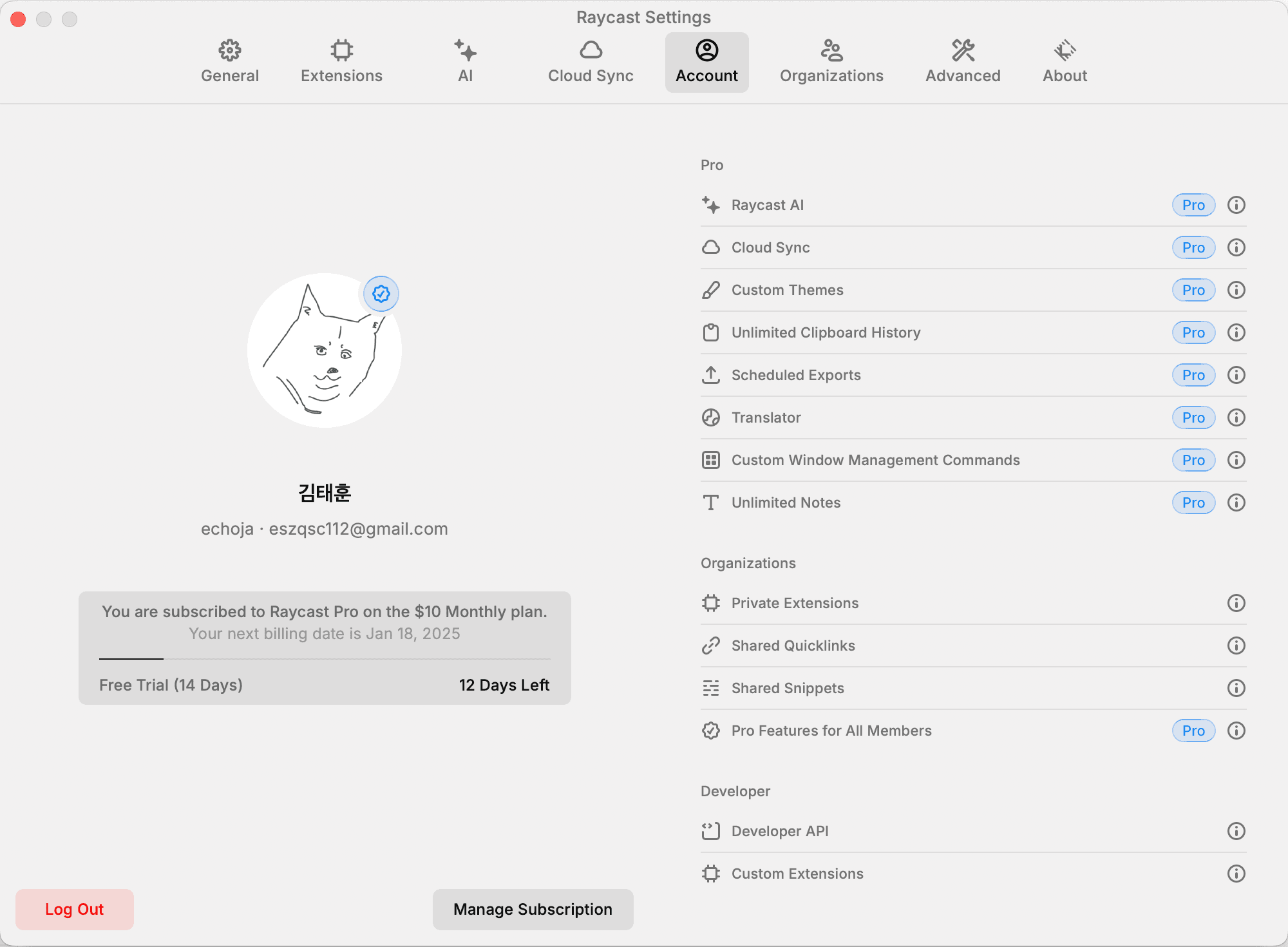 Raycast 설정 - Account